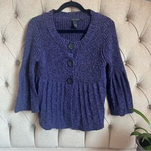 💜 Nomadic Traders Deep Purple Knit Cardigan 3/4 Bell Sleeves Medium Ramie Cotton